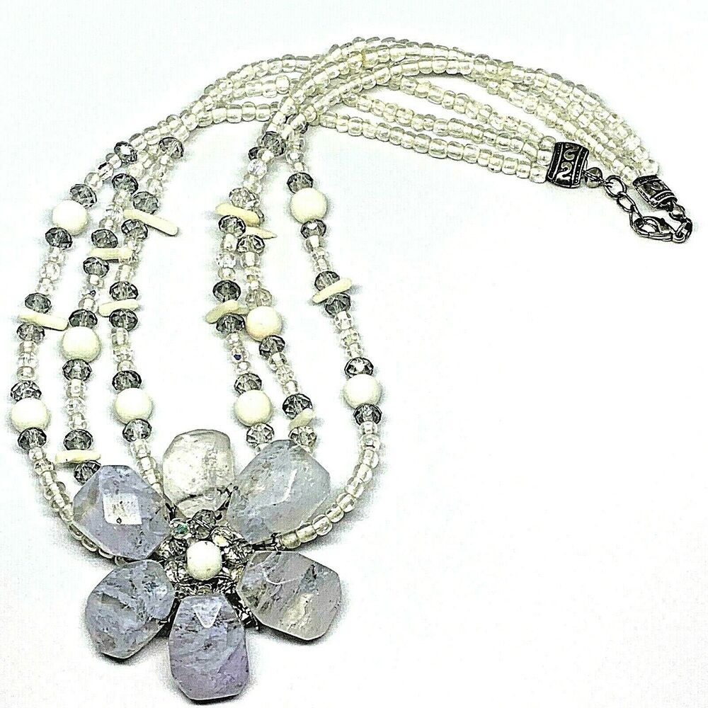 Crystal Quartz Healing Creativity White Flower Necklace Heavy 18in Chain Bridal